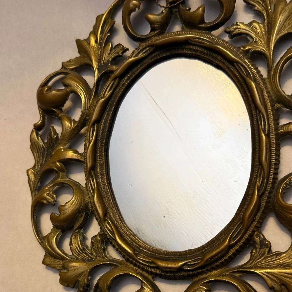 Vintage Antique Cast Iron Ornate Brass Finish Victorian Mirror / Picture Frame